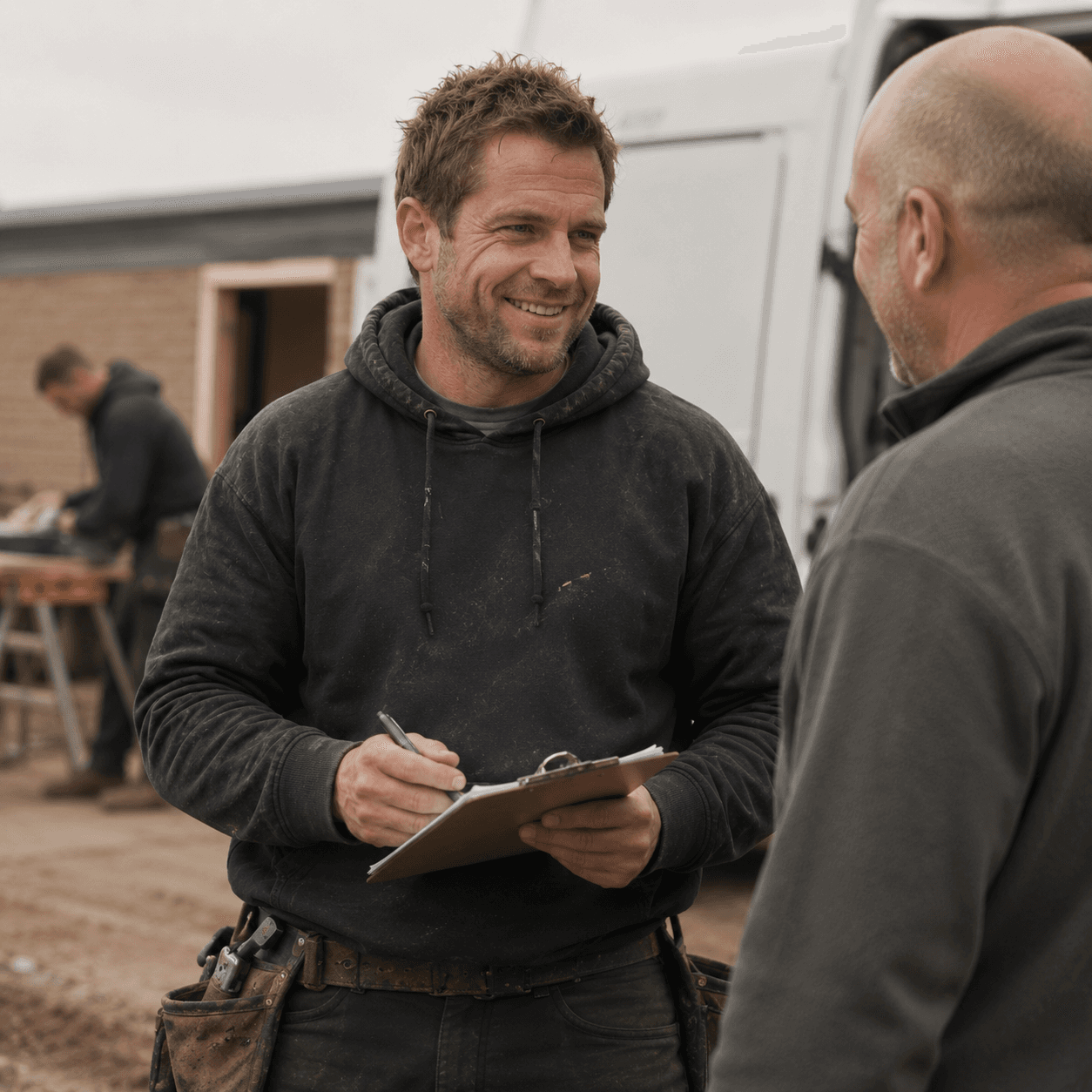 Tradesperson confidently talking with a customer on a busy job site.